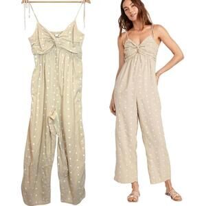 Old Navy Cropped Twist-Front Smocked Polka Dot Linen Blend Jumpsuit (M)